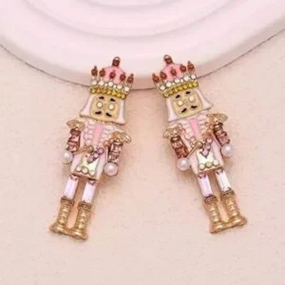 Pink Nutcracker Earrings - Holiday Statement Jewelry with Crystals & Pearls - Picture 3 of 8